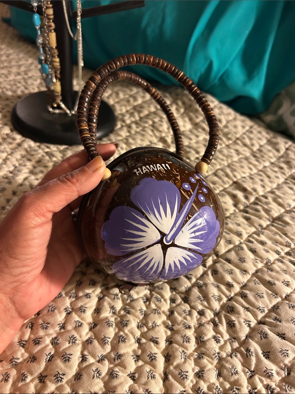Hand-Painted Brown Coconut Purse with Purple Flower - Hawaii